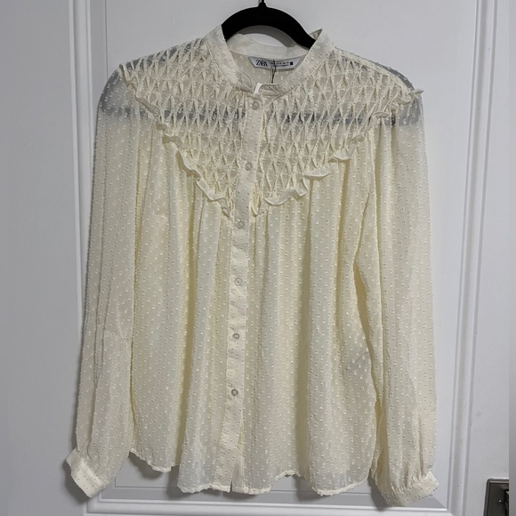 Zara Women’s Ruffled Swiss Dot Semi-Sheer Shirt - Size M - Picture 1 of 14